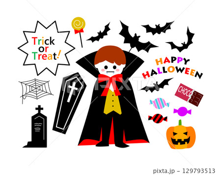 ハロウィン かわいい子どもの仮装イラストセット ハロウィン かわいい子どもの仮装イラストセット 129793513