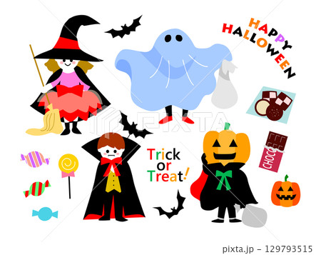 ハロウィン かわいい子どもの仮装イラストセット ハロウィン かわいい子どもの仮装イラストセット 129793515