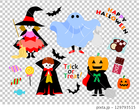 ハロウィン かわいい子どもの仮装イラストセット ハロウィン かわいい子どもの仮装イラストセット 129793515