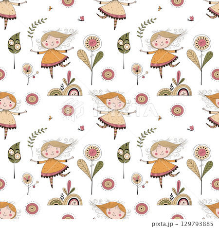 cute girl in flowers on white background. seamless pattern 129793885