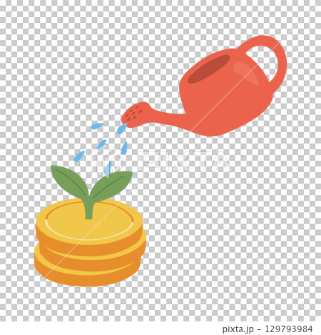 じょうろで水を注ぎコインから芽が育つ投資と成長のイメージイラスト 129793984