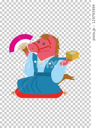 2026 Year of the Horse New Year's card illustration of a horse wearing a kimono and holding a wooden sake cup and a folding fan 2026 Year of the Horse New Year's card illustration of a horse wearing a kimono and holding a wooden sake cup and a folding fan 129793994