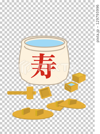 鏡開きの樽酒と枡 129793996