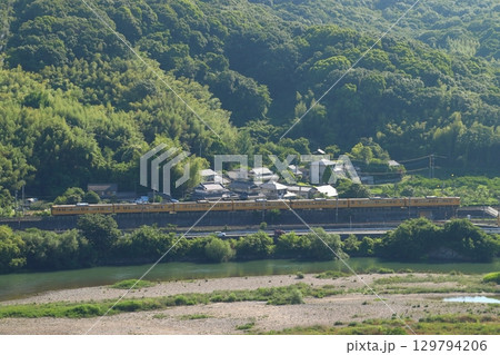初夏の高梁川と伯備線115系電車（7両編成） 129794206