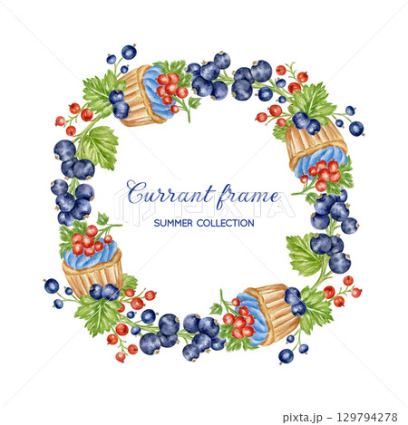 Round frame with currant berries and sweet cupcakes. Watercolor design with ripe berries and festive muffins. Wreath for greeting cards, invitations, cookbooks, menus, and birthdays. 129794278
