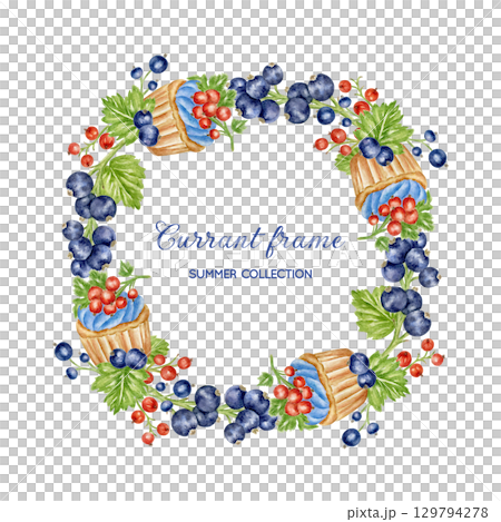 Round frame with currant berries and sweet cupcakes. Watercolor design with ripe berries and festive muffins. Wreath for greeting cards, invitations, cookbooks, menus, and birthdays. 129794278