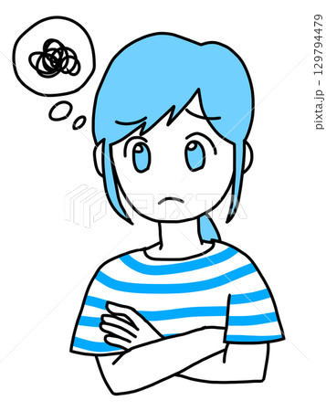 腕組みをして悩む女性（青） 129794479