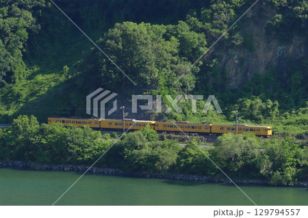初夏の高梁川と伯備線115系電車（4両編成：ワンマン車両） 129794557