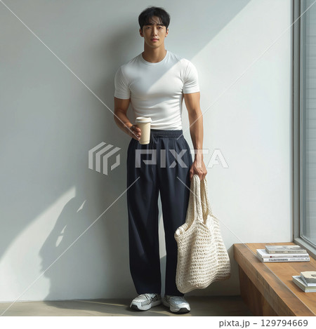 スポーツジムでトレーニングを終えた若い男性 129794669