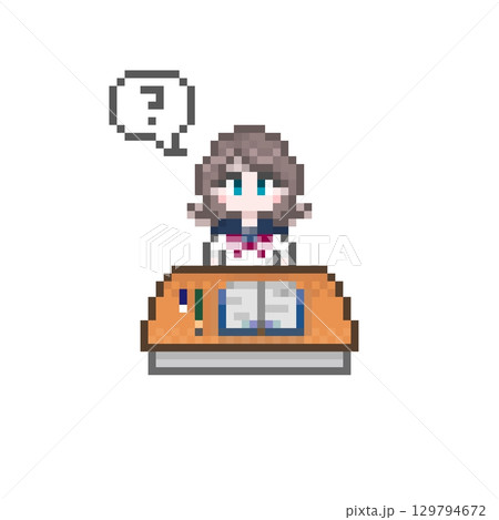 ドット絵の机で勉強する女子学生と吹き出し はてな 129794672
