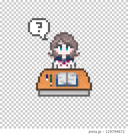 ドット絵の机で勉強する女子学生と吹き出し はてな 129794672