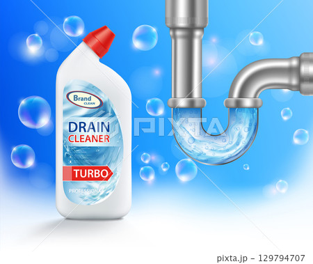 Bottle with drain cleaner. Cleaning clogged sewer pipes 129794707