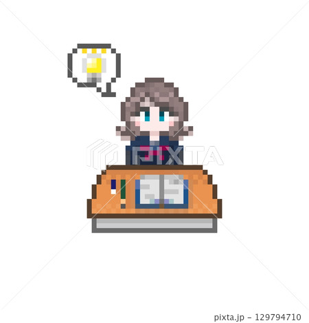 ドット絵の机で勉強する女子学生と吹き出し 電球 129794710