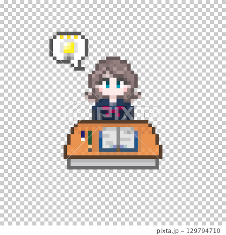 ドット絵の机で勉強する女子学生と吹き出し 電球 129794710