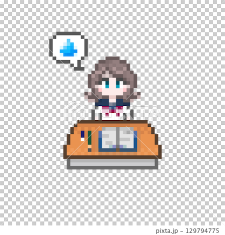 A female student studying at a pixel art desk and a speech bubble sweat mark 129794775