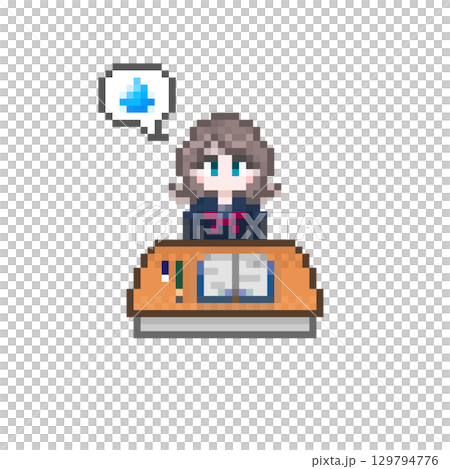 A female student studying at a pixel art desk and a speech bubble sweat mark 129794776