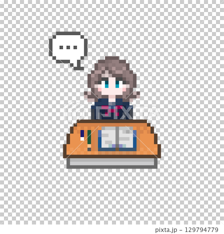 Female student studying at a pixel art desk and speech bubble Female student studying at a pixel art desk and speech bubble 129794779