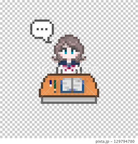 Female student studying at a pixel art desk and speech bubble Female student studying at a pixel art desk and speech bubble 129794780