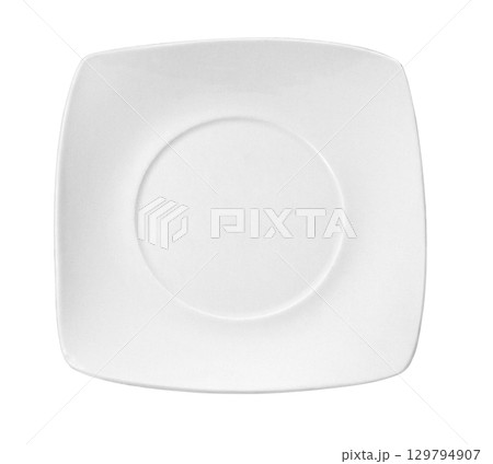 Empty square white plate on white background 129794907
