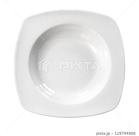Empty square white soup plate on white background 129794908