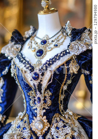 Elaborate royal blue gown adorned with gems and gold embroidery on a mannequin. 129794980