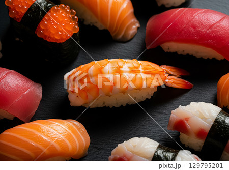 An Assortment of Fresh Nigiri Sushi Including Ebi, Salmon, and Tuna 129795201