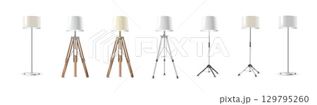 Lamp Set Closeup Isolated on White Background. Floor Lamps. Electric Torcher for Interior Design, Energy Furniture. Vector Lamp Set Closeup Isolated on White Background. Floor Lamps. Electric Torcher for Interior Design, Energy Furniture. Vector 129795260