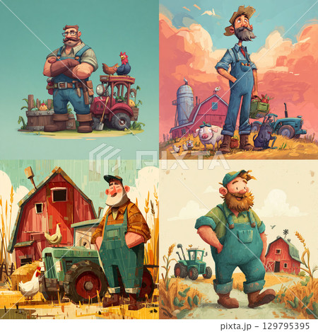 Cartoon Farm Scene with Playful Colors and Happy Farmer 129795395