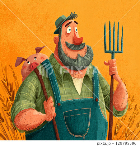 Cartoon Farm Scene with Playful Colors and Happy Farmer 129795396