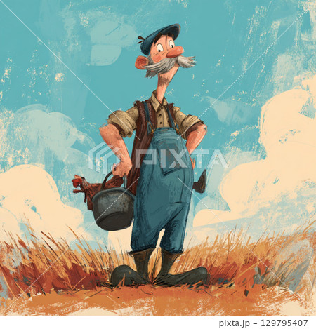 Cartoon Farm Scene with Playful Colors and Happy Farmer 129795407