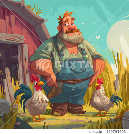 Cartoon Farm Scene with Playful Colors and Happy Farmer 129795408