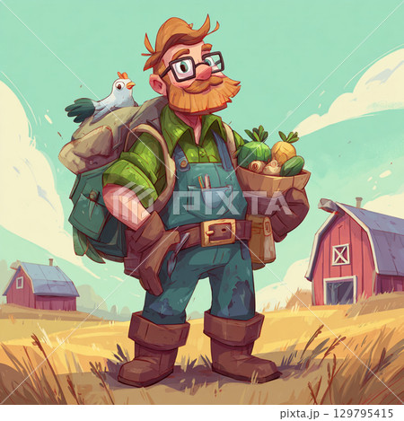 Cartoon Farm Scene with Playful Colors and Happy Farmer 129795415