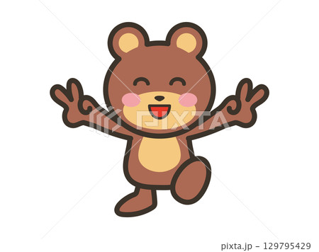 ダブルピースでご機嫌なかわいいクマのキャラクターイラスト 129795429
