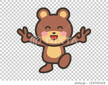ダブルピースでご機嫌なかわいいクマのキャラクターイラスト 129795429