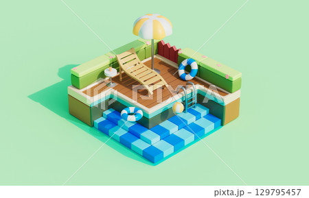 Isometric Summer Swimming Pool with Lounger and Umbrella. 3D Rendering. 129795457