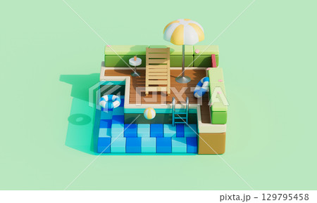 Isometric Summer Swimming Pool with Lounger and Umbrella. 3D Rendering. 129795458