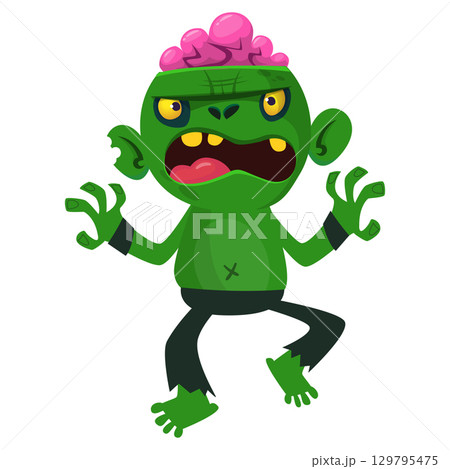 Cartoon funny green zombie. Halloween vector illustration of zombie creature. Cartoon funny green zombie. Halloween vector illustration of zombie creature. 129795475