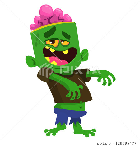 Cartoon funny green zombie. Halloween vector illustration of zombie creature. 129795477