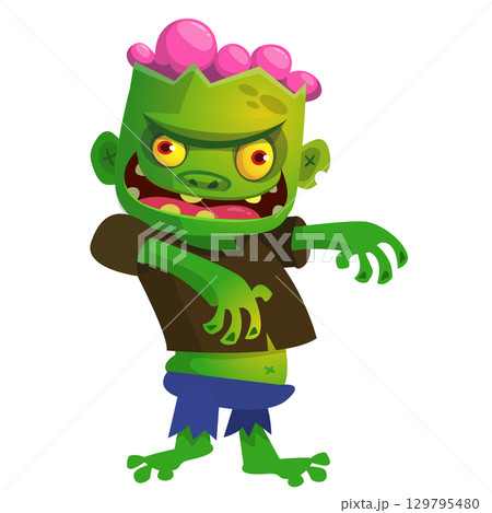 Cartoon funny green zombie. Halloween vector illustration of zombie creature. Cartoon funny green zombie. Halloween vector illustration of zombie creature. 129795480