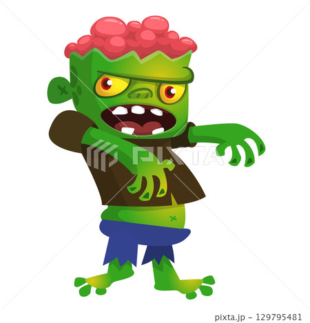 Cartoon funny green zombie. Halloween vector illustration of zombie creature. Cartoon funny green zombie. Halloween vector illustration of zombie creature. 129795481