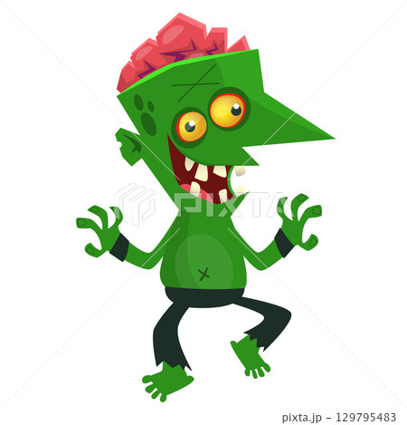 Cartoon funny green zombie. Halloween vector illustration of zombie creature. Cartoon funny green zombie. Halloween vector illustration of zombie creature. 129795483