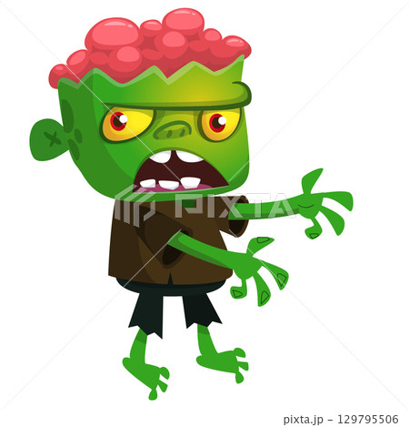 Cartoon funny green zombie. Halloween vector illustration of zombie creature. 129795506