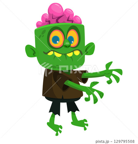 Cartoon funny green zombie. Halloween vector illustration of zombie creature. Cartoon funny green zombie. Halloween vector illustration of zombie creature. 129795508