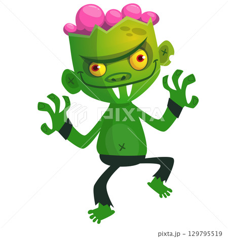 Cartoon funny green zombie. Halloween vector illustration of zombie creature. 129795519