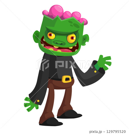 Cartoon funny green zombie character design. Halloween monster vector illustration 129795520