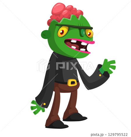 Cartoon funny green zombie. Halloween vector illustration of zombie creature. 129795522
