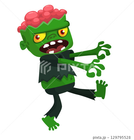Cartoon funny green zombie. Halloween vector illustration of zombie creature. Cartoon funny green zombie. Halloween vector illustration of zombie creature. 129795528