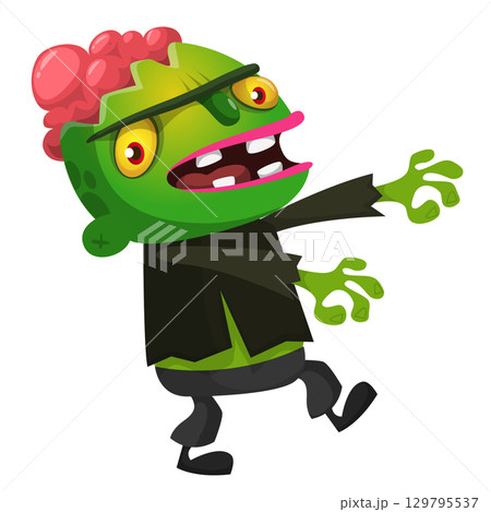 Cartoon funny green zombie. Halloween vector illustration of zombie creature. 129795537