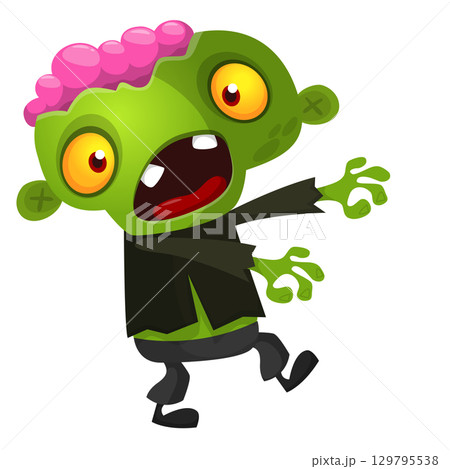 Cartoon funny green zombie. Halloween vector illustration of zombie creature. 129795538