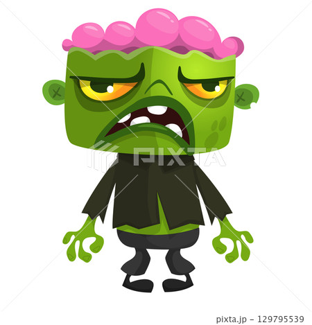 Cartoon funny green zombie. Halloween vector illustration of zombie creature. 129795539